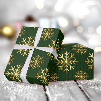 Papel De Presente Golden Color 3D Snowflake DarkGreen Christmas Gift