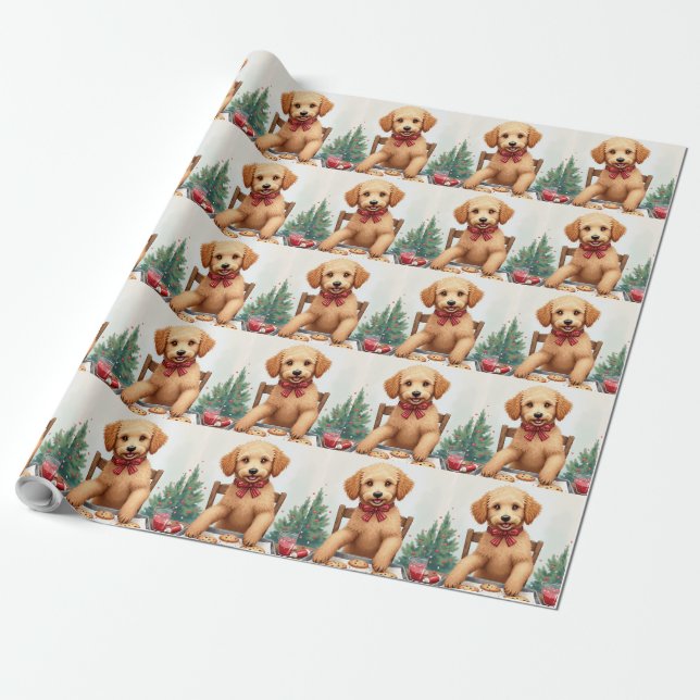 Papel De Presente Golden Doodle Decorando Biscoitos de Natal (Desenrolado)