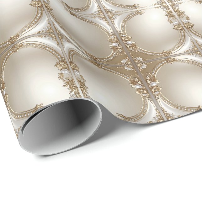 Papel De Presente Golden Ornate Frame with Pearls Wrapping Paper (Ponta do rolo)