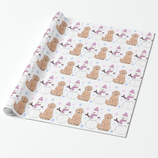 Papel De Presente Golden retriever e boneco de neve (Desenrolado)