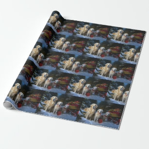 Papel De Presente Golden Retriever Nevado Trenó Natal Decoração de N