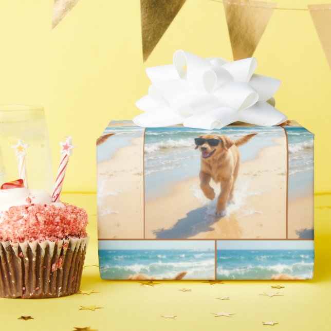 Papel De Presente Golden Retriever Puppy Walking the Beach (Festa de aniversário)