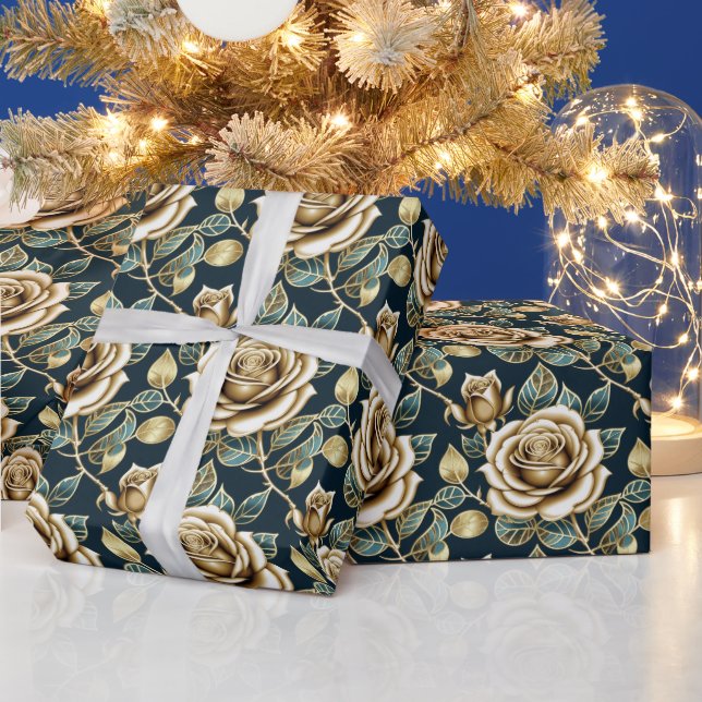 Papel De Presente Golden Roses With a Metallic Finish (Feriados)