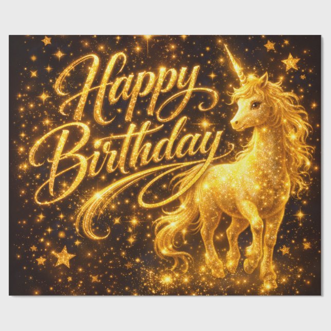 Papel De Presente Golden Stardust Birthday — Fantasy Unicorn (Aberto)