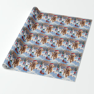 Papel De Presente Goldendoodle Correndo na Neve com Chapéu de Natal