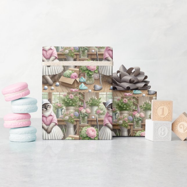 Papel De Presente Golfe dourado temático para amantes de gatos (Chá de bebê)