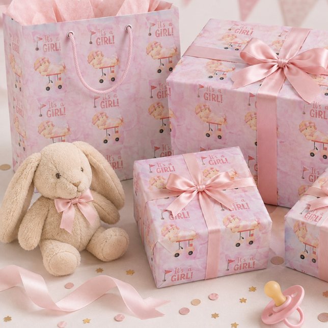Papel De Presente Golfe É MENINA tema bebê rosa aquarela golfista (Criador carregado)