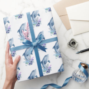 Papel De Presente Golfinhos e Flores Em Branco