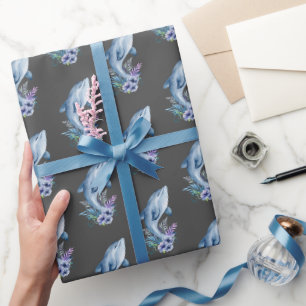 Papel De Presente Golfinhos e flores em Cinzas