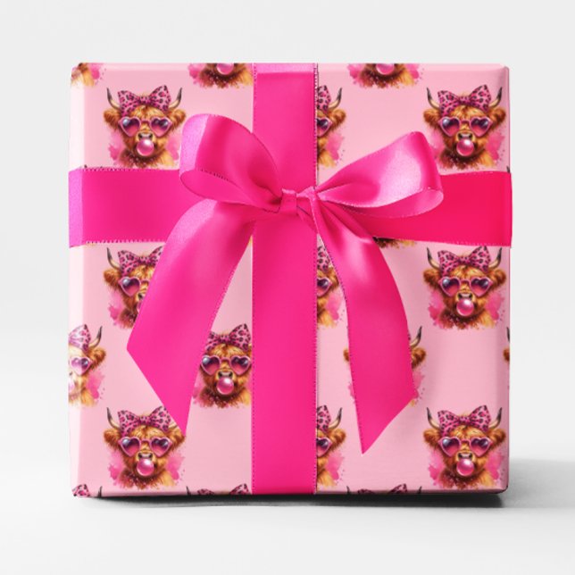 Papel De Presente Goma-Bolha Rosa Altos - Vaca (Pink Bubble Gum Bubble Highland Cow Gift Wrap)