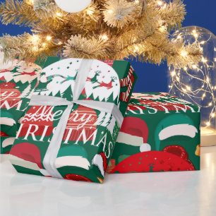 Papel De Presente Gorros, cachecóis e meias de Natal verdes e fofos