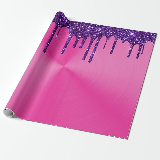 Papel De Presente Gotas de brilho roxo de metal rosa moderno (Desenrolado)