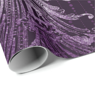 Papel De Presente Gotas florais roxas metálicas do damasco real