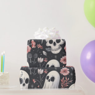 Papel De Presente Gótica Halloween Vintage Caveira Ghost Floral