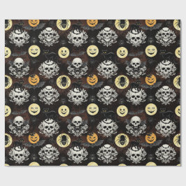 Papel De Presente Gótico Assustador Crânio de Gato Preto Damask Hall
