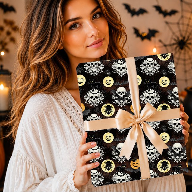 Papel De Presente Gótico Assustador Crânio de Gato Preto Damask Hall (Criador carregado)