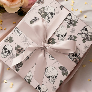 Papel De Presente Gótico Blush Pink Skull e Flores Halloween