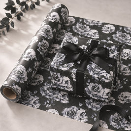 Papel De Presente Gótico Caveira & Rosas Floral Escuro