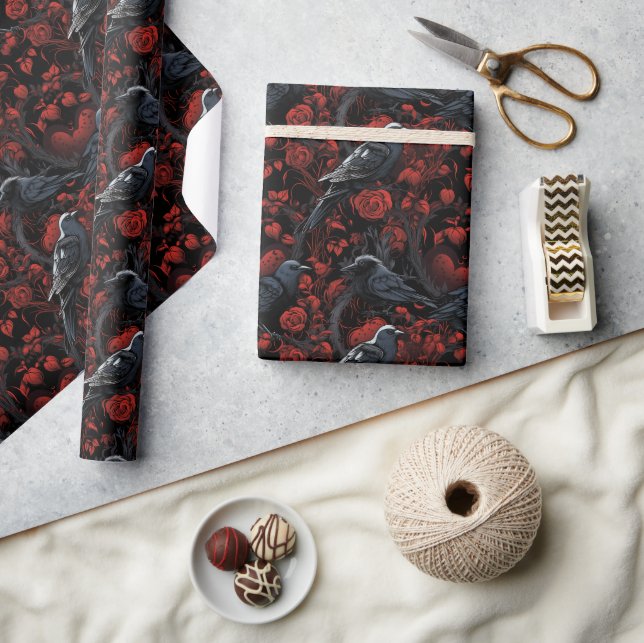 Papel De Presente Gótico Corvos Pretos e Rosas Vermelhas  (Artesanato)