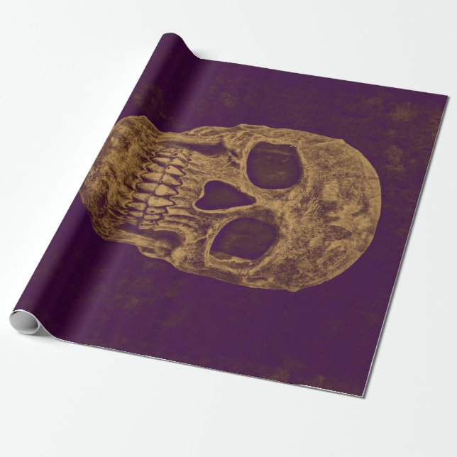 Papel De Presente Gótico Crânio Grunge Dourado Roxo Legal Monograma (Desenrolado)