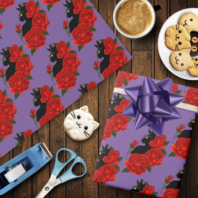 Papel De Presente Gótico Gato Preto Rosas Vermelhas Roxo (Criador carregado)