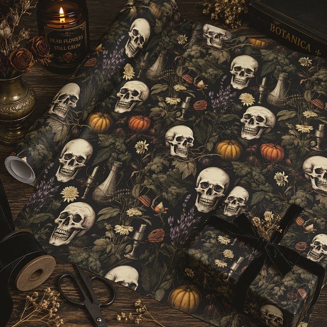 Papel De Presente Gótico Halloween de Crânios & Abóboras Botânicas (Criador carregado)