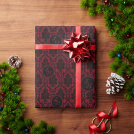 Papel De Presente Gótico Monograma Damasco Vermelho Preto