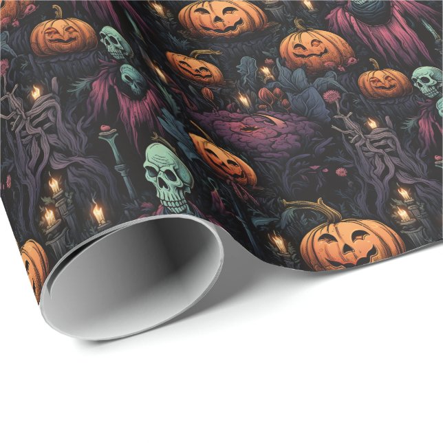 Papel De Presente Gótico Spooky Pumpkin Halloween Skull (Ponta do rolo)