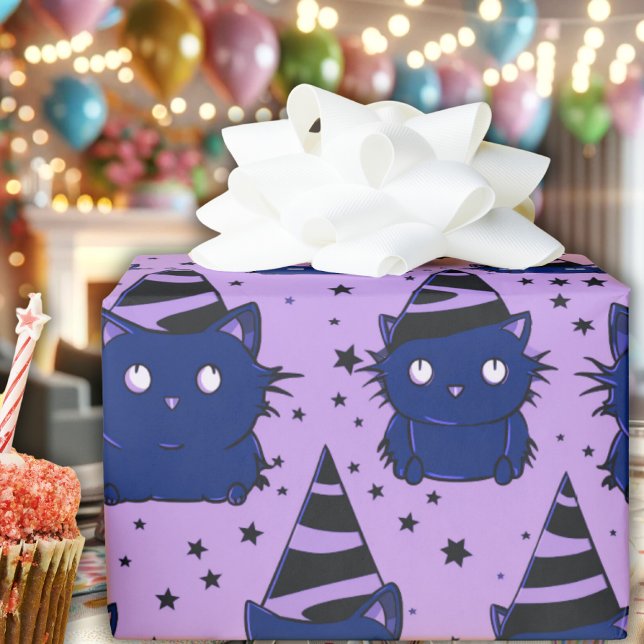 Papel De Presente Gótico Testemunha Roxo Roxo Gatinho Preto (pastel goth purple black kitty cat witchy wrapping paper witch cute whimsical witch hat stars)