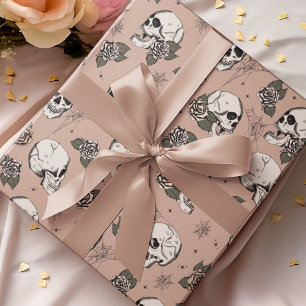 Papel De Presente Gótico Vintage Rosa Skull e Flores Halloween