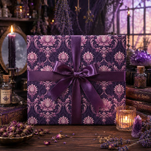 Papel De Presente Gótico Vitoriano Roxo Lótus Damasco