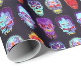 Papel De Presente Grade de Caveira Flamejante - Brilho Neon de Zumbi