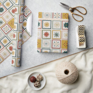Papel De Presente Grade de Flores, Folhas e Flocos de Neve de Natal