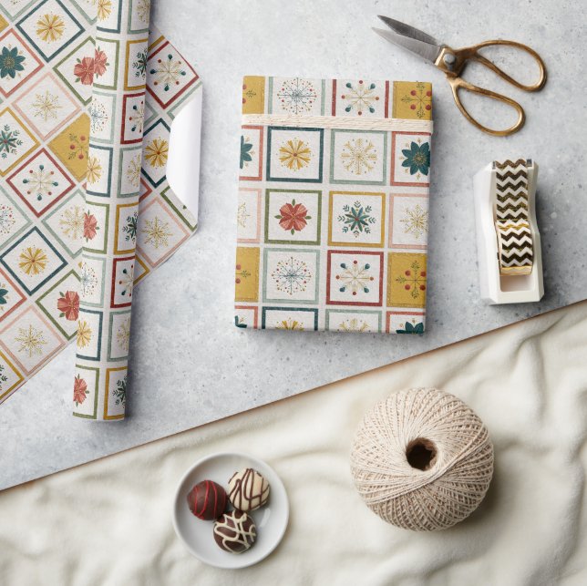 Papel De Presente Grade de Flores, Folhas e Flocos de Neve de Natal (Artesanato)