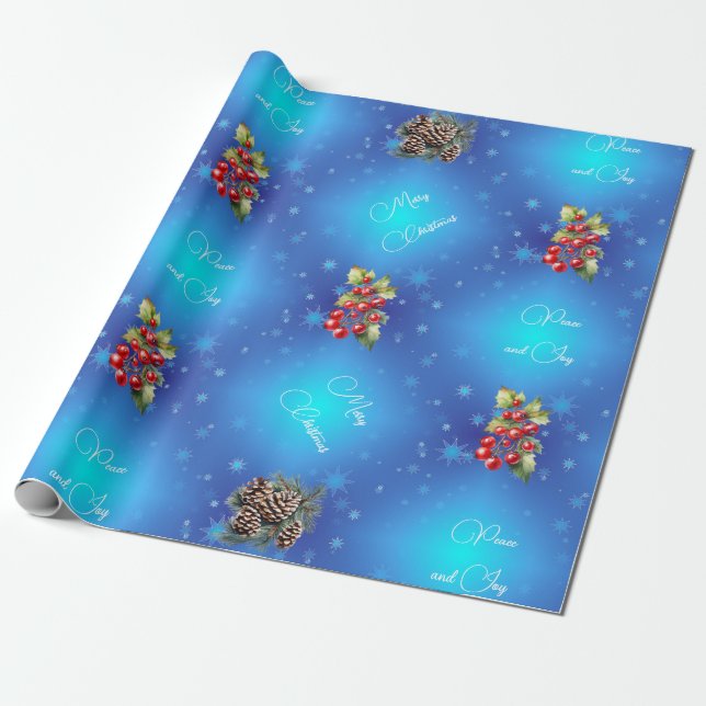 Papel De Presente Gradiente Azul com Estrelas Paz e Alegria (Desenrolado)