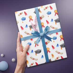 Papel De Presente Graduação de Bonés Azuis e Pretos e Diplomas 