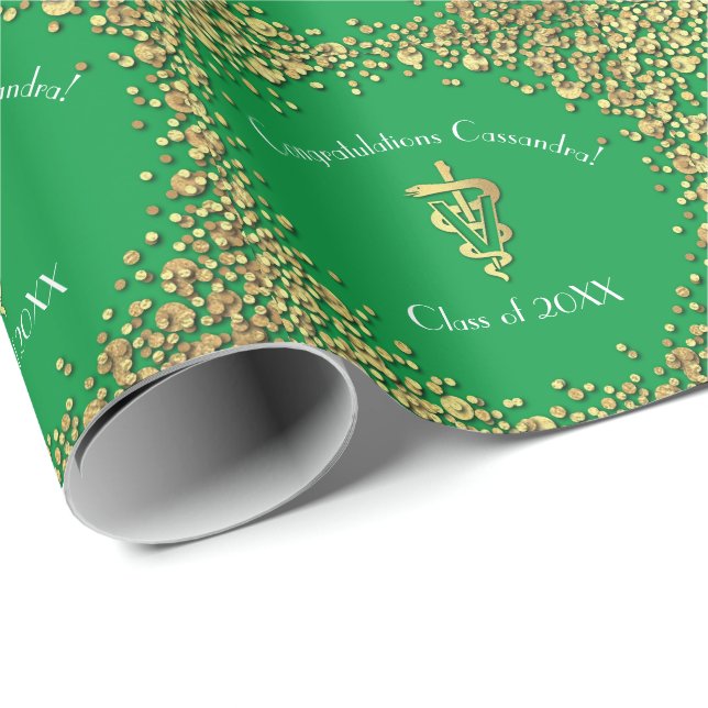 Papel De Presente Graduação de Veterinária Verde e Dourado (Ponta do rolo)