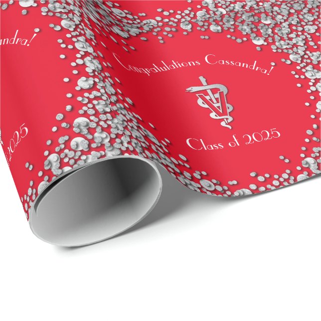 Papel De Presente Graduação de Veterinária Vermelho Prata (Ponta do rolo)