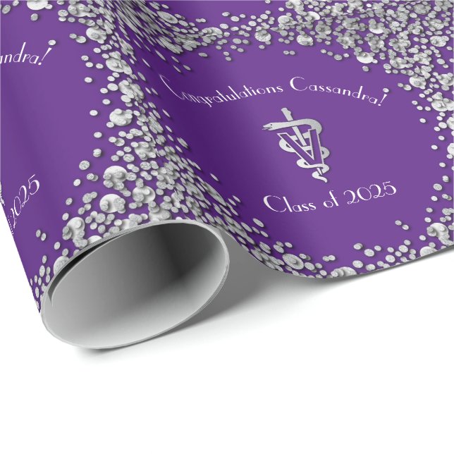 Papel De Presente Graduação de Veterinário Roxo Prata (Ponta do rolo)
