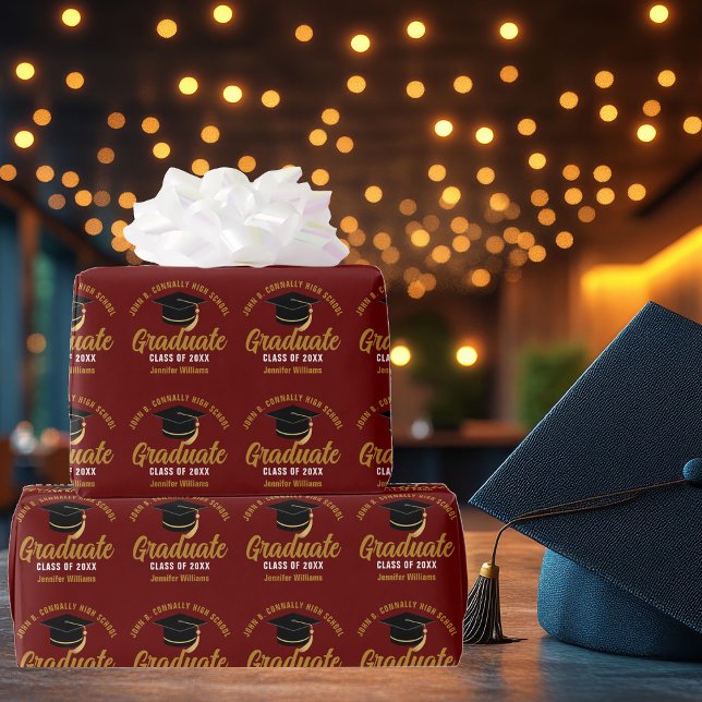 Papel De Presente Graduação Personalizada do Formando Dourado Maroon (Criador carregado)