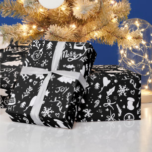Papel De Presente Gráfico das ilustrações de Natal em preto