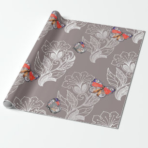 Papel De Presente Gráfico de flores e borboletas, aquarela, padrão