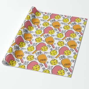 Papel De Presente Gráfico Engraçado de Pickleball em Laranja Rosa
