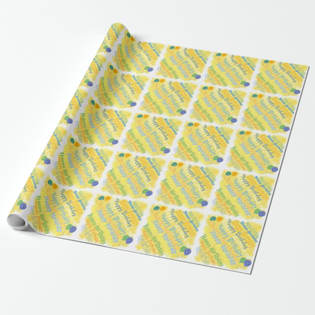 Papel De Presente Gráfico Feliz de Aniversário (amarelo) (Desenrolado)