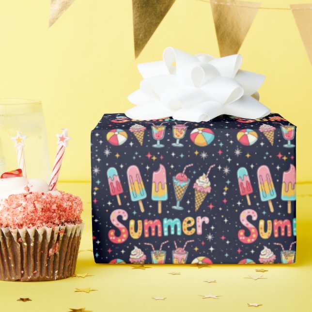 Papel De Presente Gráficos Divertidos de Verão em Preto (Festa de aniversário)