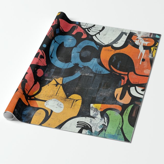 Papel De Presente Grafite Abstrato Contemporâneo Rosa Azul Preto (Desenrolado)