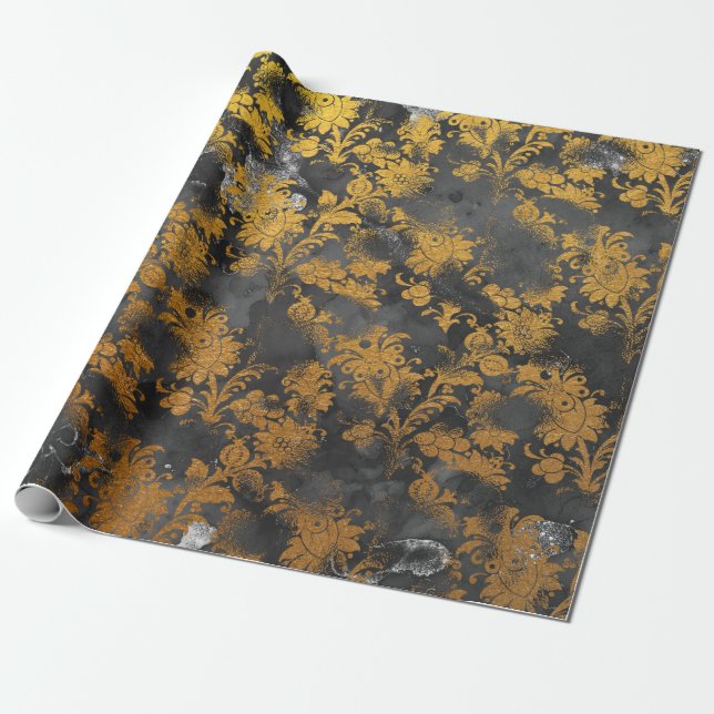 Papel De Presente Grafite Cinza Dourada Chic Floral Preto (Desenrolado)