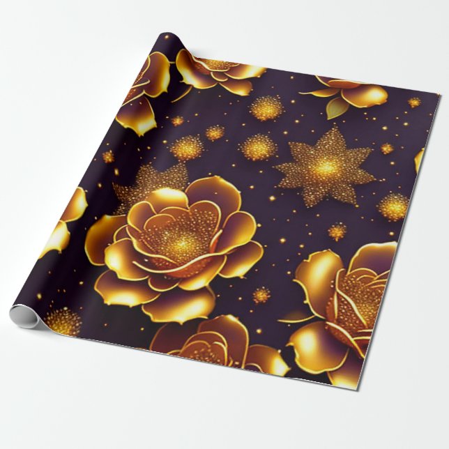 Papel De Presente Grande Coleção Dourada de Rosa Modernos de Luxo (Desenrolado)