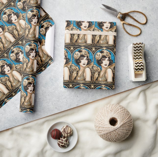 Papel De Presente Grande Gatsby Flapper azul dourado preto anos 20 (Artesanato)