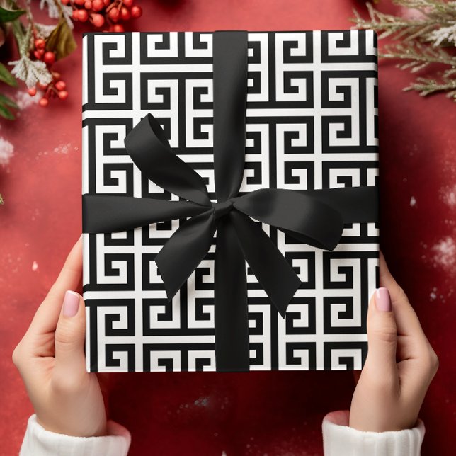 Papel De Presente Grande padrão de chave grega preto e branco (Large Black and White Greek Key Pattern Wrapping Paper)